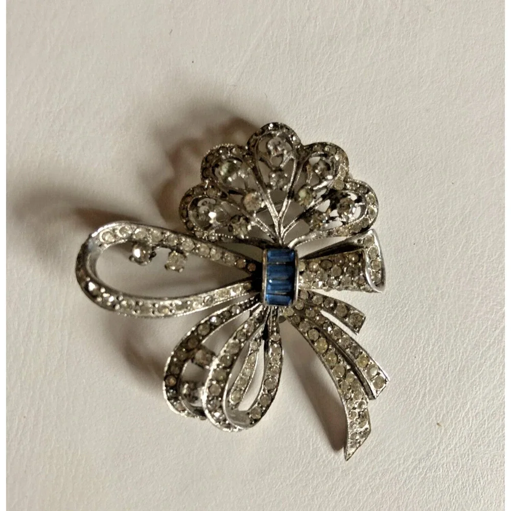 Sterling Silver Bow Brooch Sonia Lee 1940s Art Deco Rhinestone White Blue Vtg